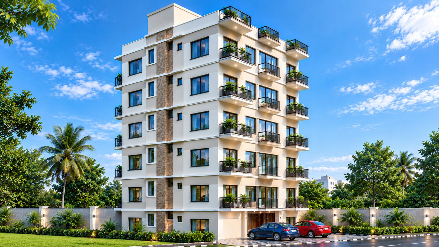 Six-storey apartment building with a stone-clad spine, planted balconies and ground-floor parking, Satkhira