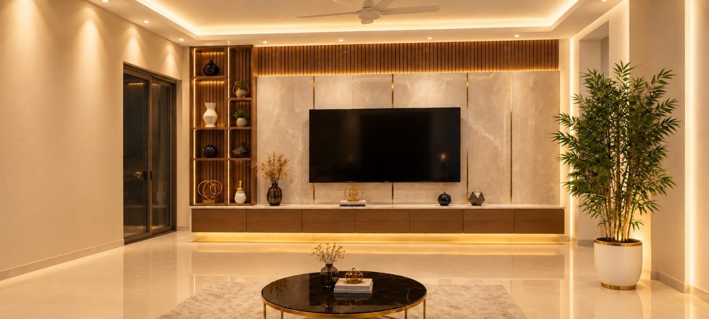 Living room with a stone TV panel, fluted timber crown and floating console